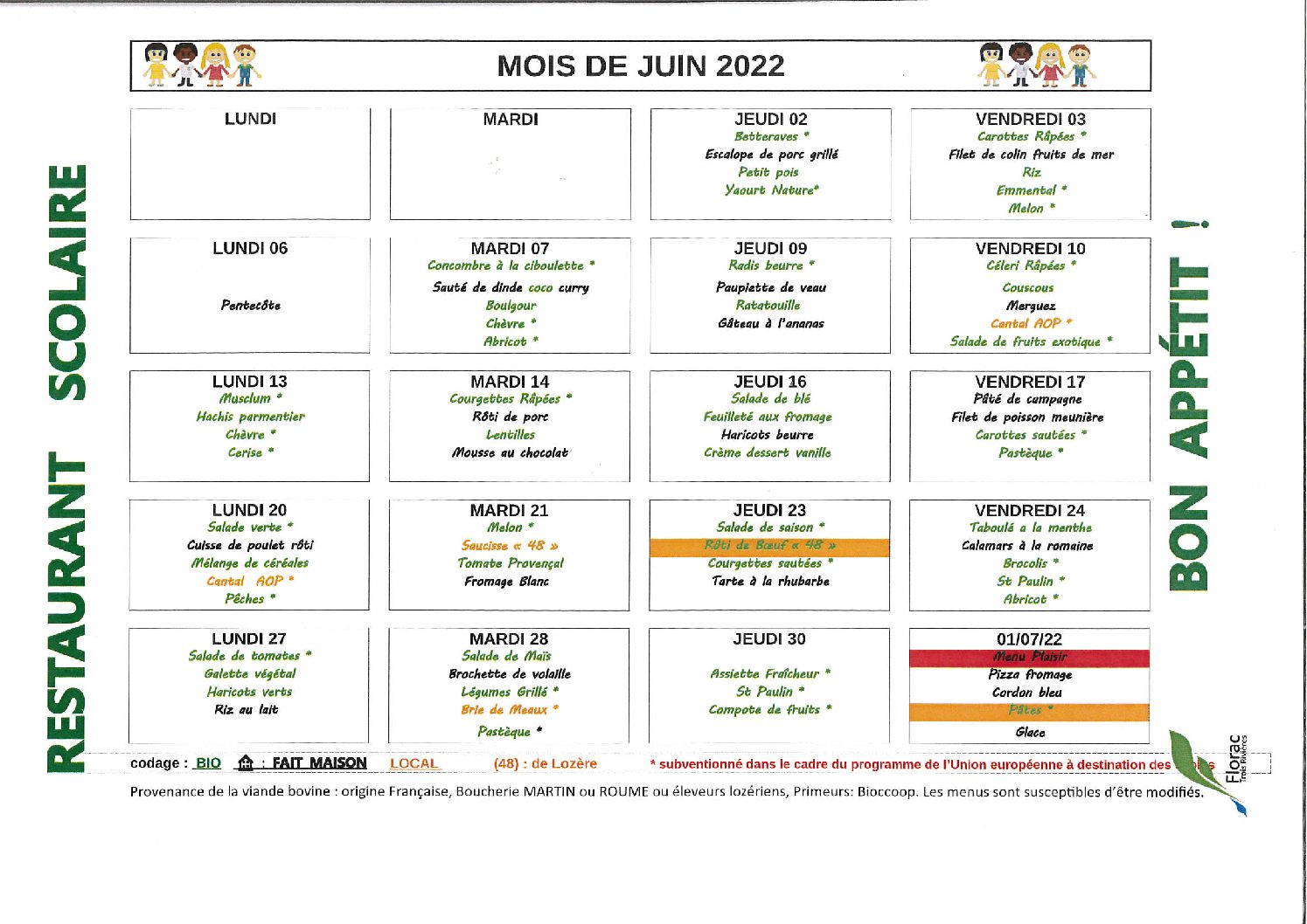 Menu juin 2022