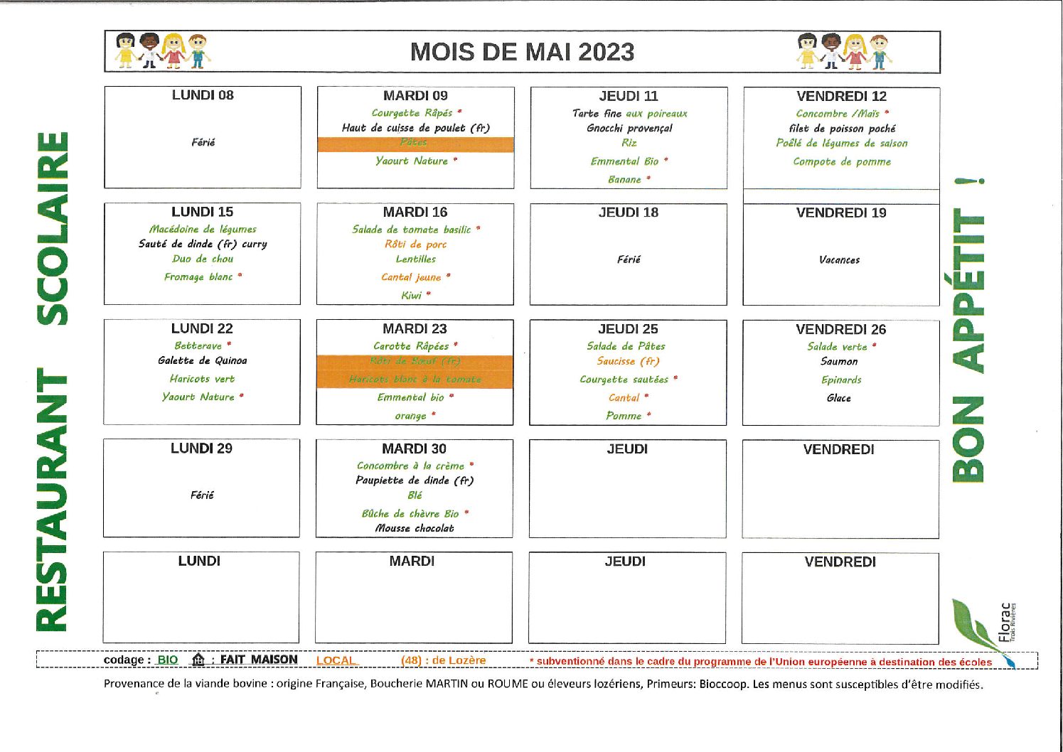 Menu du mois de mai 2023